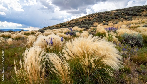 Scenic Landscape with Pampas Grass and Rolling Hills Under Cloudy Sky.