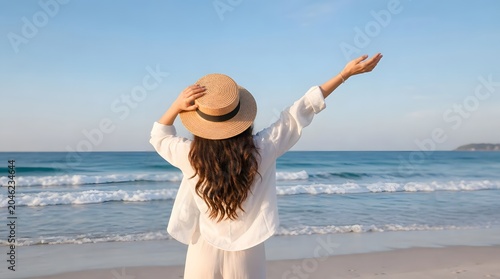 Summer beach vacation concept, Happy young woman with hat relaxing with her arms raised to her head enjoying looking view of beach ocean on hot summer day, copy space