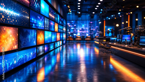A large studio features multiple bright screens displaying graphics and visuals. A desk with equipment is set up for news broadcasts. The city skyline is visible through the windows at night.