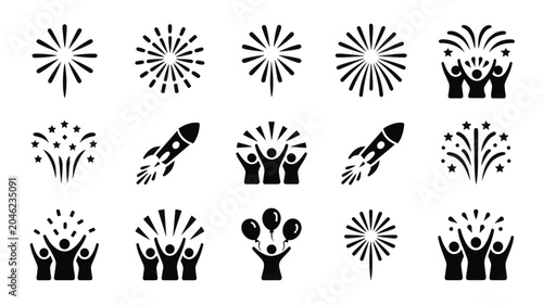 Fotografia Set of 15 Black Firework Celebration Icons Vector