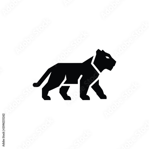 Canvas Print Black silhouette of a stylized tiger or panther walking in profile on a white ba