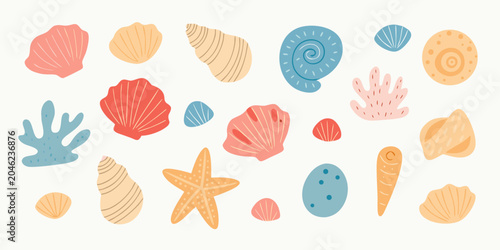 Bild auf Leinwand Assorted Ocean Shells And Marine Life Colorful Vector Illustration