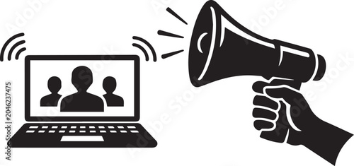 Black and white icon of a hand holding a megaphone on a laptop announcing to people Vector