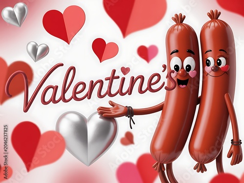 Two cartoon hot dogs with hearts around them on valentines day isolated on white background
