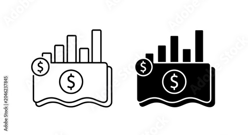 Line and solid business finance money icons with dollar and graph.