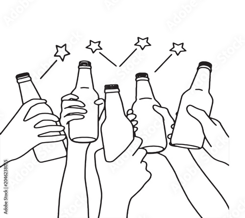 Canvastavla Vector illustration of  woman's hand holding a   wine bottle in sketch silhouette style