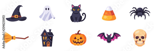 Quadro su tela Set of Halloween spooky icons with ghost, witch hat, broom, bat, black cat, skul