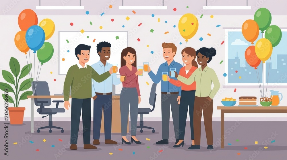 Obraz premium Flat Illustration of Office Party Celebration Scene with Balloons Confetti and Coworkers Raising Glasses in Workplace Festive Atmosphere
