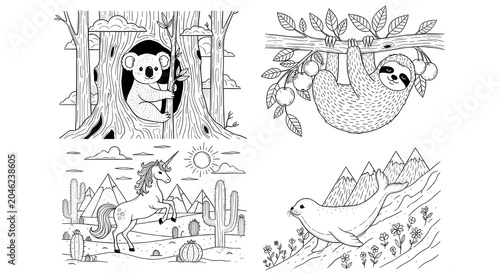 Black and white illustrations of animals and fantasy creatures in natural settings.