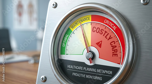 Healthcare expense costly care maintenance critical optimal planning monitoring metaphor gauge meter dial risk warning health medical cost budget finance management business strategy decision