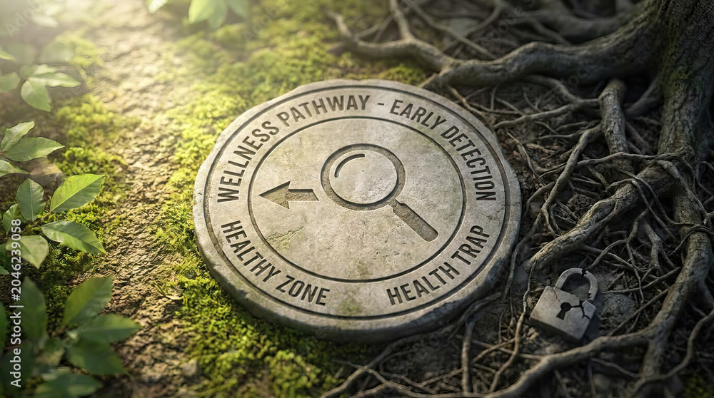 Obraz premium Wellness pathway marker health nature forest moss root stone early detection healthy zone concept with circular sign magnifying glass arrow padlock and sunlight