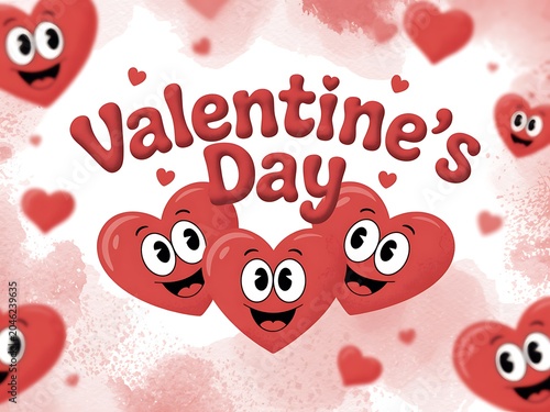 Valentines day celebration with happy cartoon hearts on pink background