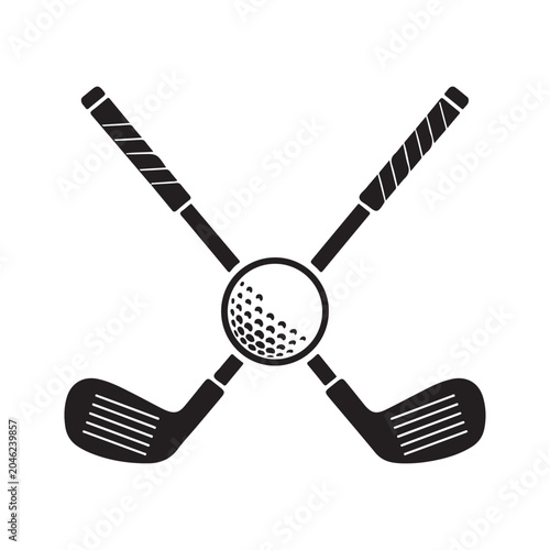 Crossed golf clubs and ball vector icon black silhouette for sports logo or tournament branding