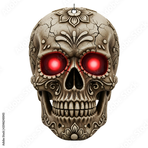 A decorative sugar skull with red eyes on a white background for Halloween Photo realistic image. png