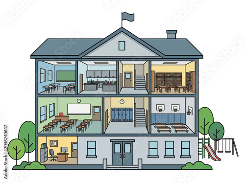 Flat Vector School Cutaway Illustration with Clean Geometric Educational Building Design