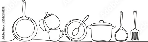 Konstfotografi Continuous line drawing of kitchen utensils and cookware on a counter