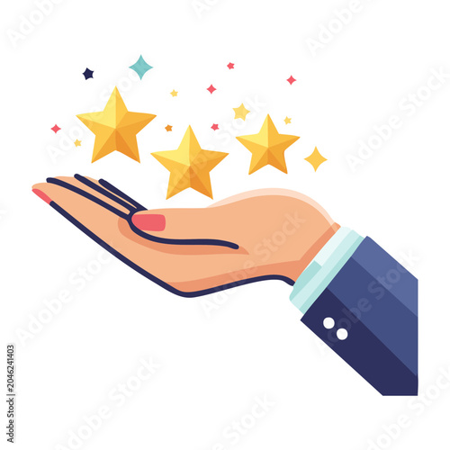 Hand holding golden stars and sparkles, flat design illustration