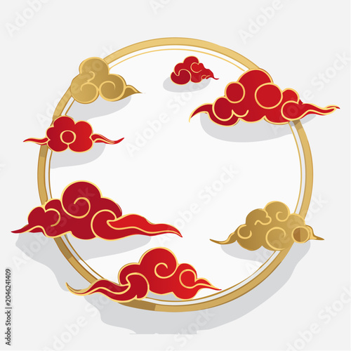 Traditional Red and Gold Clouds in Circular Frame