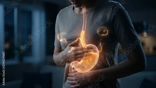 Woman suffering from acid reflux with glowing digestive system
