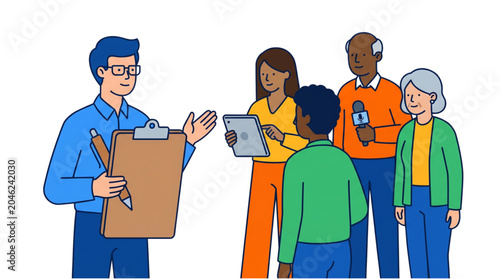 Diverse group collaboration for public opinion and journalism, featuring an interviewer, reporter, and community members engaging in a survey or discussion