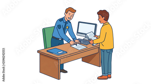Police officer assisting a citizen with official paperwork at the station desk, representing legal procedures, administrative tasks, and civic interaction