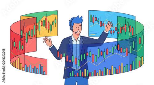 Professional trader actively analyzing stock market trends and investment data across multiple virtual screens, showcasing financial technology and data visualization