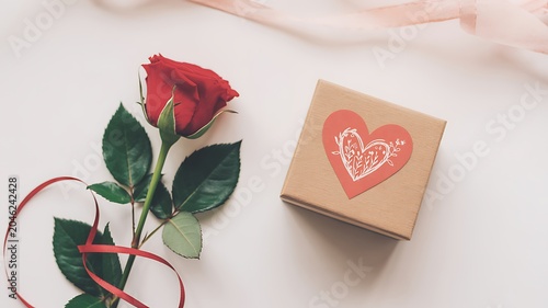 A red rose with green leaves and a brown gift box with a heart design on top for valentines day