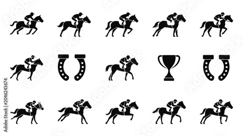 Tableau sur toile Set of 15 Black Horse Racing and Jockey Icons Vector