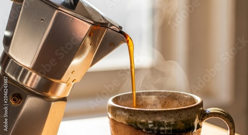 Espresso flows from a stovetop moka pot into a handcrafted ceramic cup during a quiet morning break.