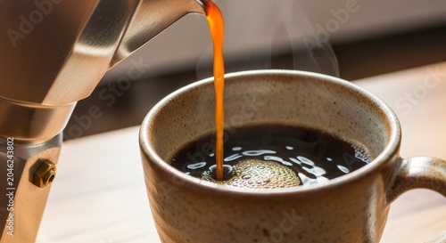 Coffee pours from a metallic moka pot into a ceramic mug on a wooden table in a bright morning light.