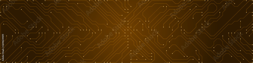 Fototapeta premium Abstract digital circuit board pattern with orange lines and white dots on a dark brown gradient background