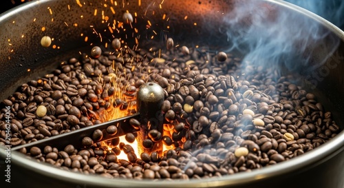 Coffee roaster machine agitates fresh beans during the heating process to create a dark roast.
