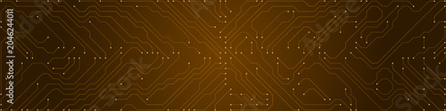 Abstract digital circuit board pattern with orange lines and white dots on a dark brown gradient background