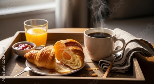 Breakfast tray featuring a fresh croissant, a bowl of fruit jam, and a glass of orange juice sits on a table.