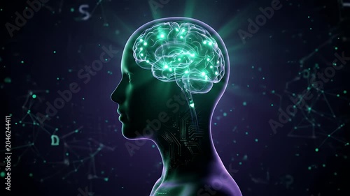 Human mind animation with glowing neural network and ai technology