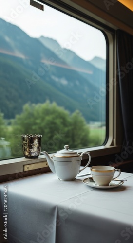 Cozy train travel, scenic mountain view, tea on table, travel relaxation