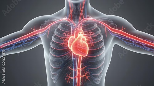Human cardiovascular system showing heart beating and blood circulation