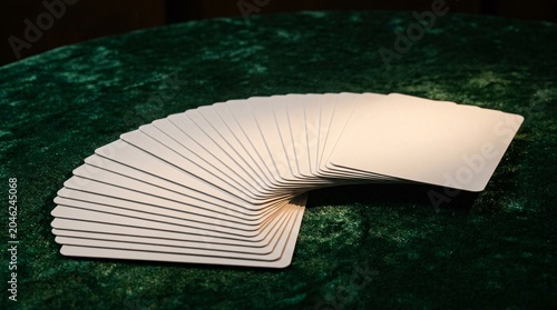 A fan of blank white cards mockup on a dark green velvet table for custom playing card, tarot, or board game design presentation