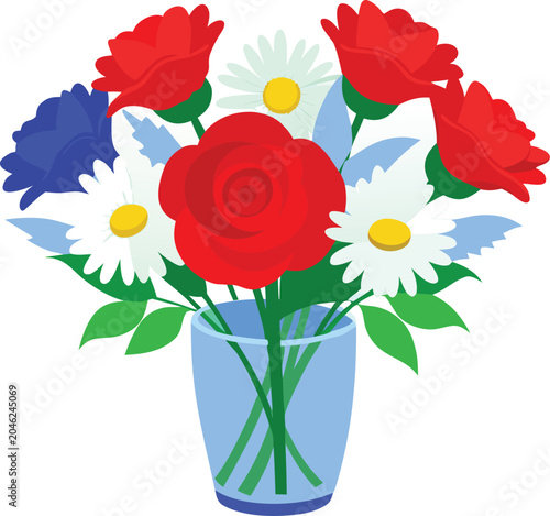 Colorful bouquet of red and white flowers in a blue vase