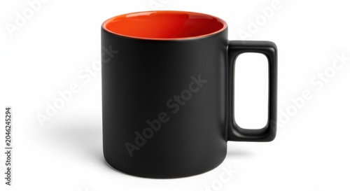Black coffee mug, red interior, ceramic cup, handle