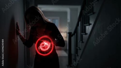Woman suffering from severe abdominal pain with glowing red anatomy