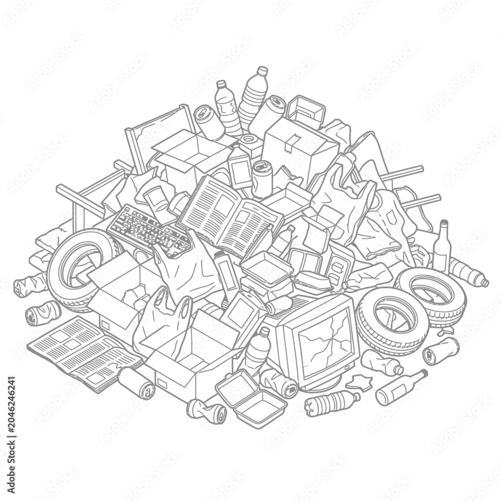 Obraz premium Isometric Pile of Mixed Household Garbage and Recyclable Waste