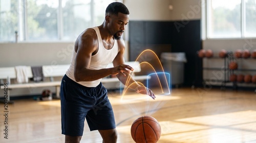 Athletic man playing basketball with digital overlay