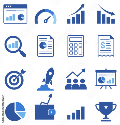 Blue Business and Finance Icons Set Collection Vector Illustration