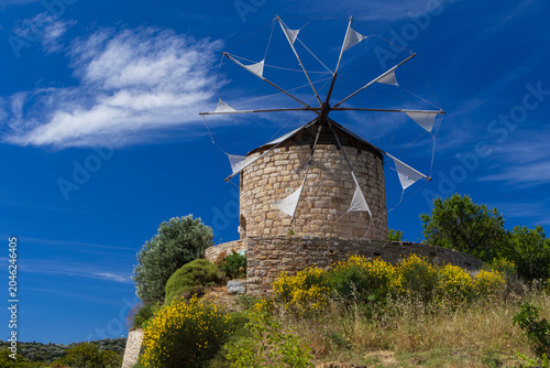 Historic stone windmills of Anemonas in Chios island, Greece