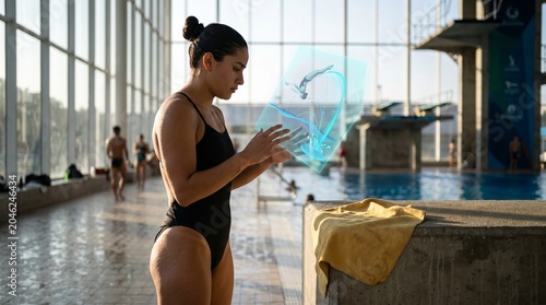 Female Diver Uses Advanced Holographic Technology to Analyze Performance by the Poolside
