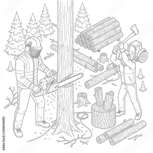Professional loggers cutting down a tree and splitting wood logs
