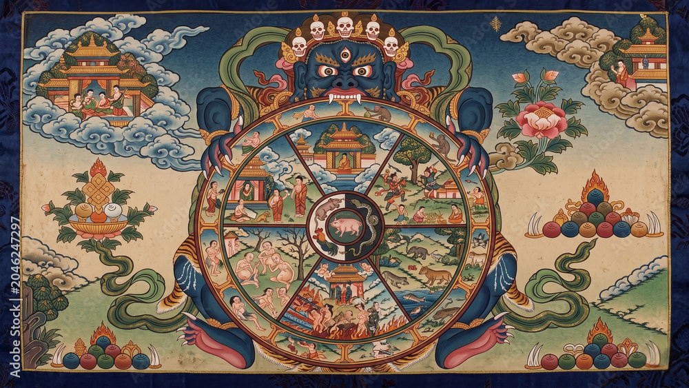 Obraz premium Traditional Tibetan Thangka painting Bhavachakra wheel of life with six realms symbolic cosmic deity holder lapis blue malachite green cinnabar red orpiment gold mineral pigment colours