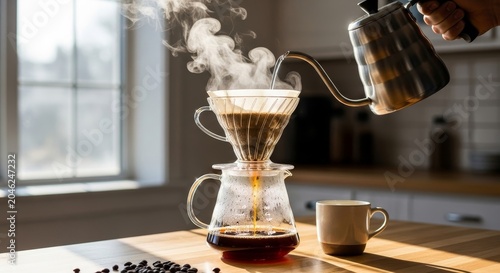 Coffee dripper sits on a glass carafe as hot water pours from a metallic kettle in a kitchen setting.