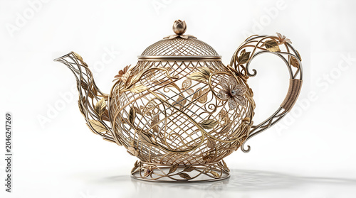 An antique silver jug and pitcher sit alongside a traditional porcelain tea pot set, creating an old white kitchen object display isolated for a hot beverage drink